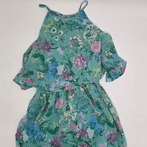 Midnight Sky Teal Floral Halter Maxi Dress Tiered Popover Chiffon Women Size M
